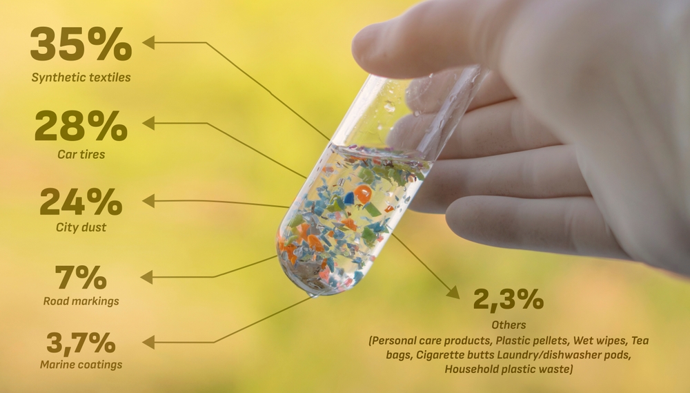 hand holds a test tube with plastic particles in water showing percentage of each type