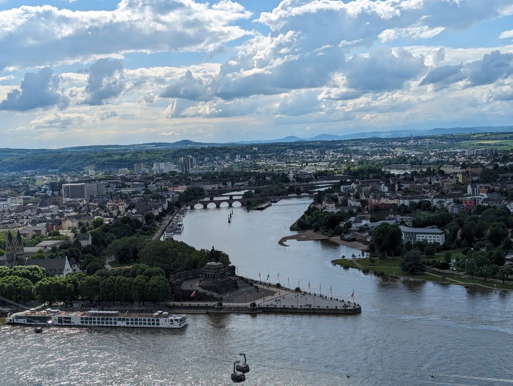 Scene taken from a cable car shows the city of Koblenz, and the author's Viking Freya cruise ship docked at the shore.