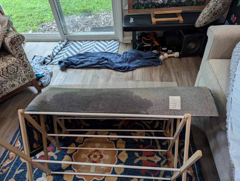 image inside flooded sunroom near sliding doors with wet rug, towel on floor