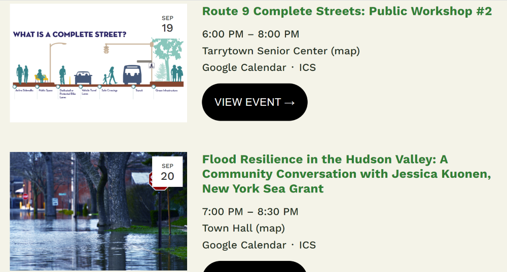 screenshot of the Events calendar for Hudson Valley Climate Week