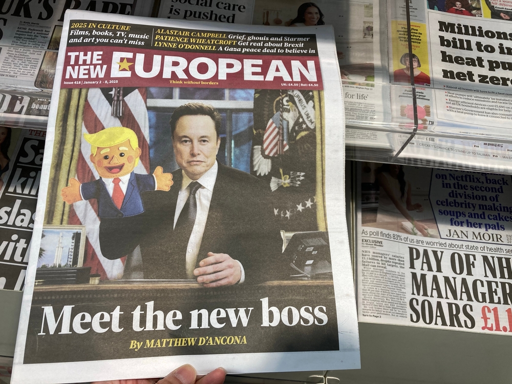 Satirical cover of The New European, photo of Elon Musk holding a Donald Trump puppet with caption, "Meet the new boss."